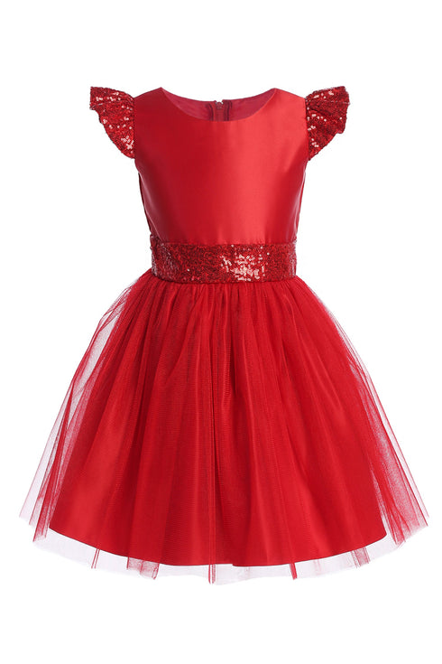 Satin & Crystal Tulle Girls Dress with Sequin Flutter Sleeves and Waistband 2-16